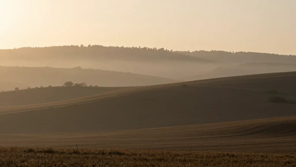 Distant landscape of a misty hillside farmland at dawn