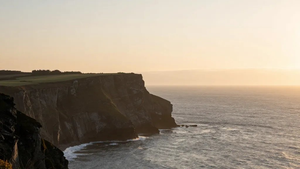 Distant landscape of a lone coastal cliff under soft sunrise light