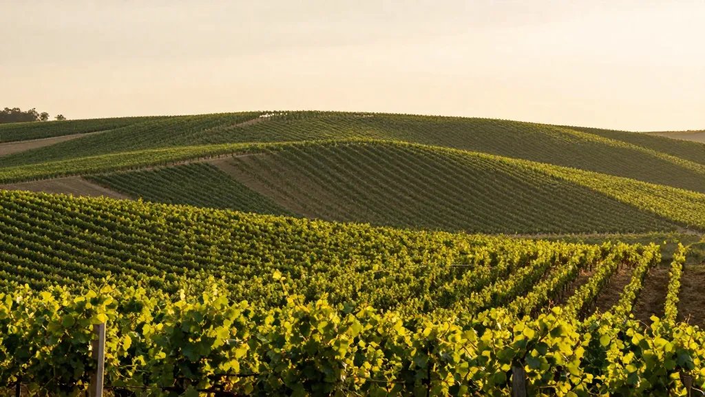 Distant landscape of a rolling vineyard ridge at golden hour