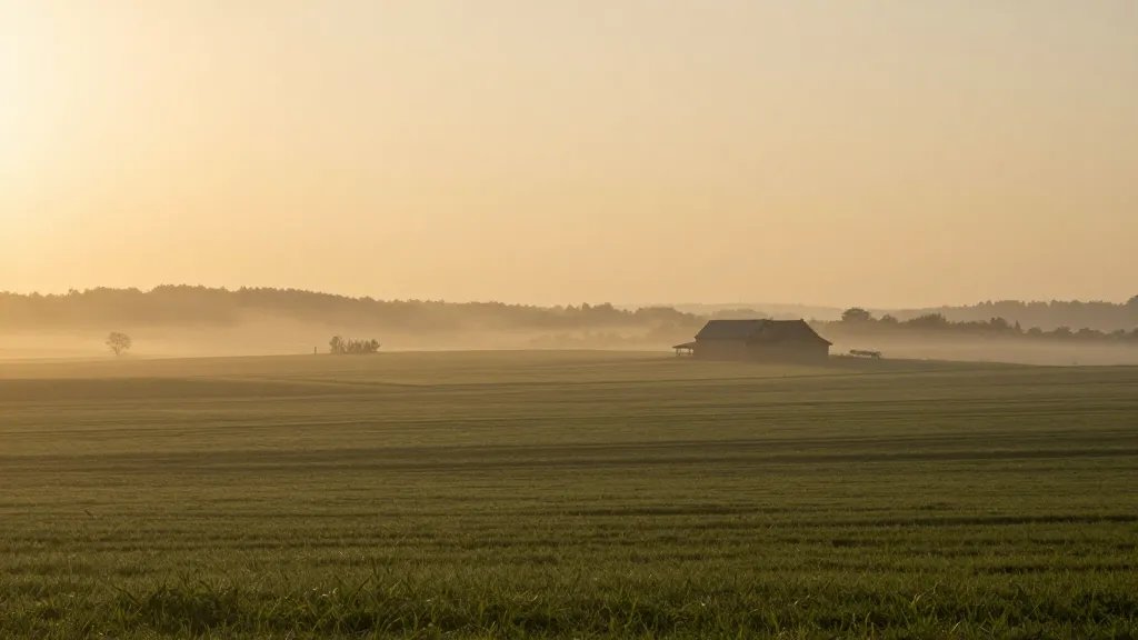 Expansive rural farmland valley, sunrise mist, lone farmhouse outline