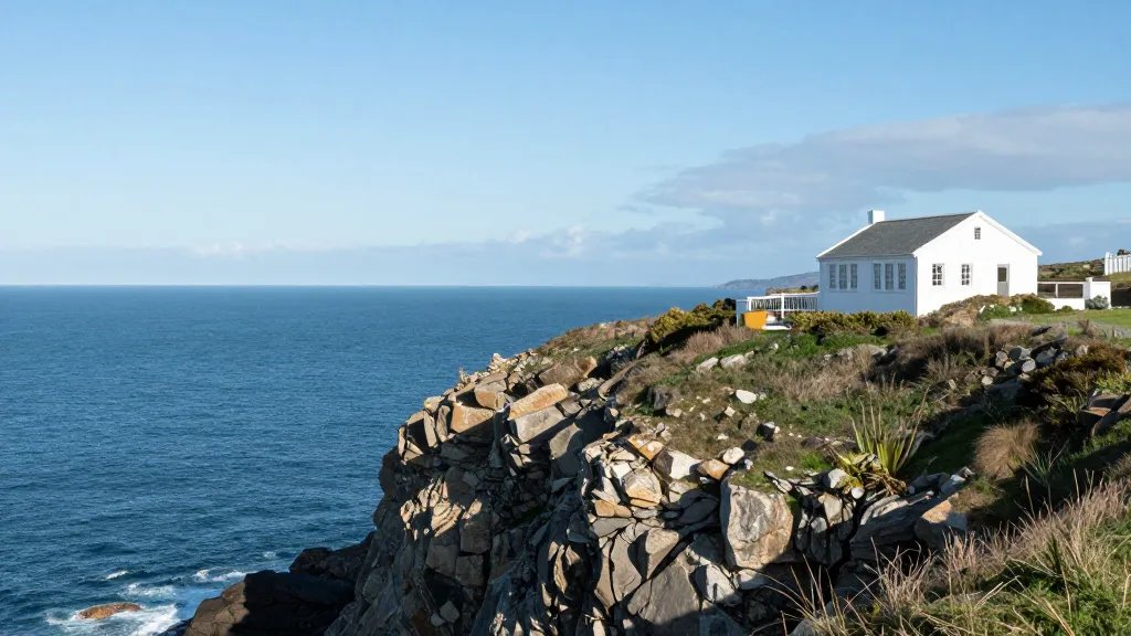 Expansive coastal view with a lone white-walled bungalow perched on cliffs
