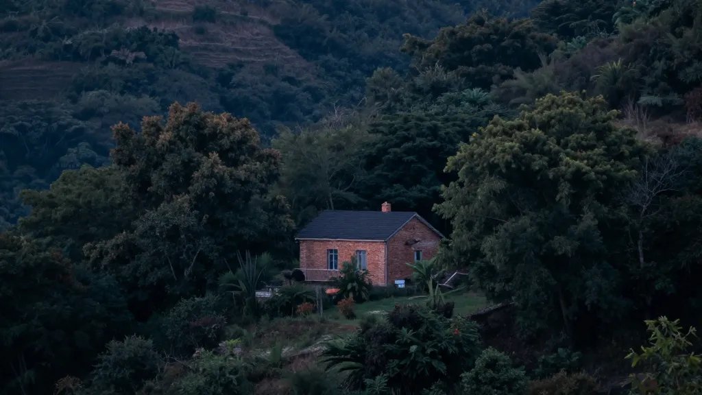 Quiet rural valley at dawn featuring one detached brick property tucked among trees
