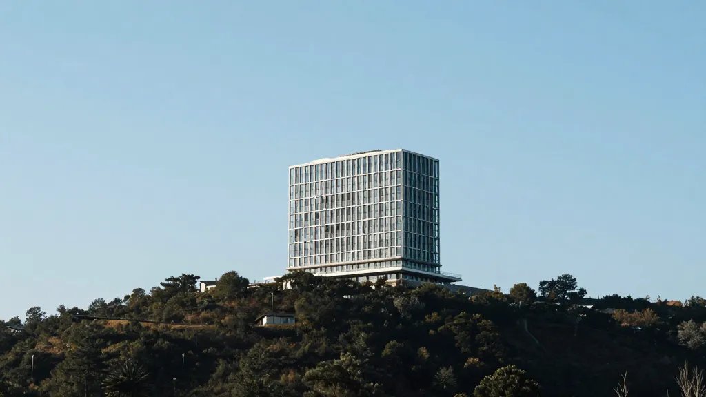 Wide shot of a lone modern multifamily building atop a hill
