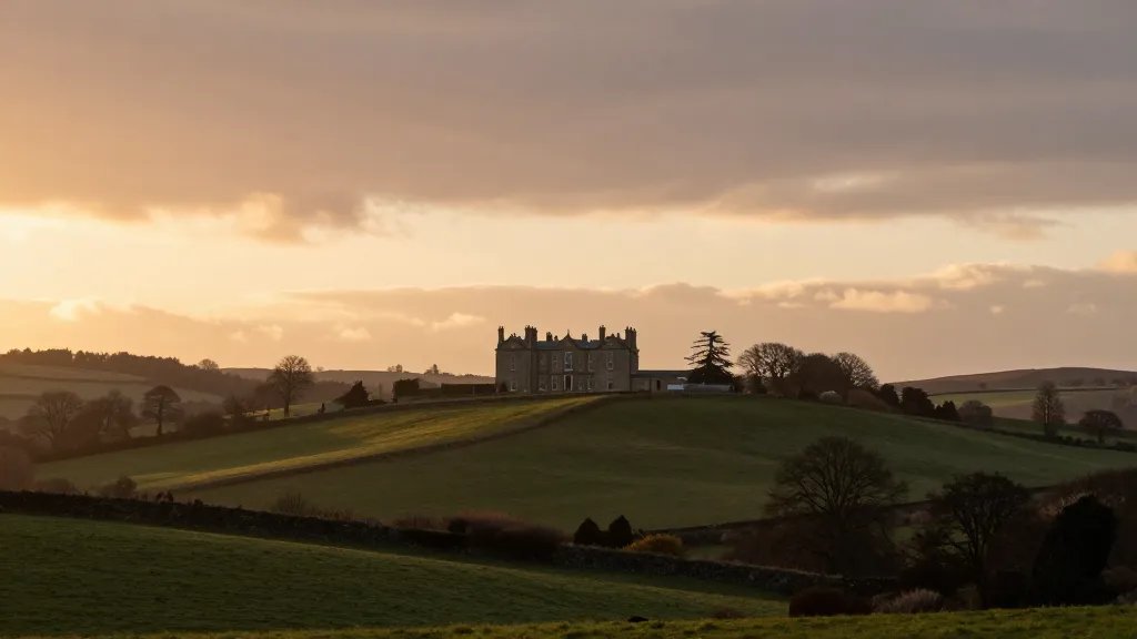 Distant view of a lone manor on rolling hills at sunset, UK property landscape