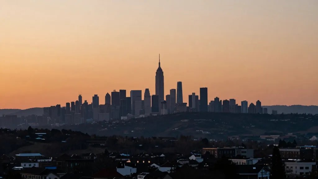 Distant hillside town skyline under sunset, single subject, portfolio refinancing metaphor