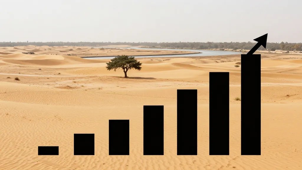 Wide desert plain with distant river bend, lone tree silhouette, finance growth theme