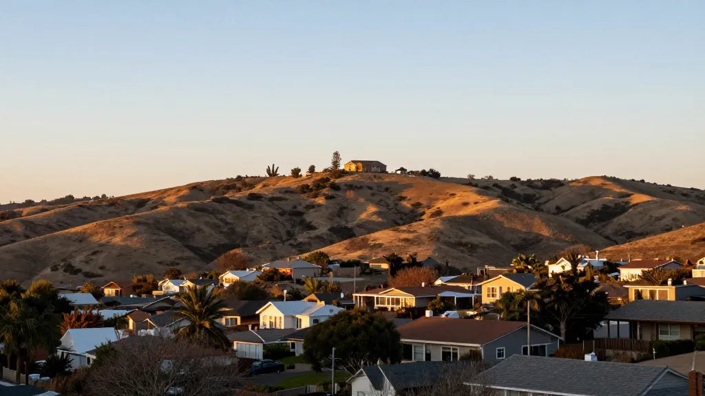 Distant hillside property overlooking a quiet neighborhood at golden hour