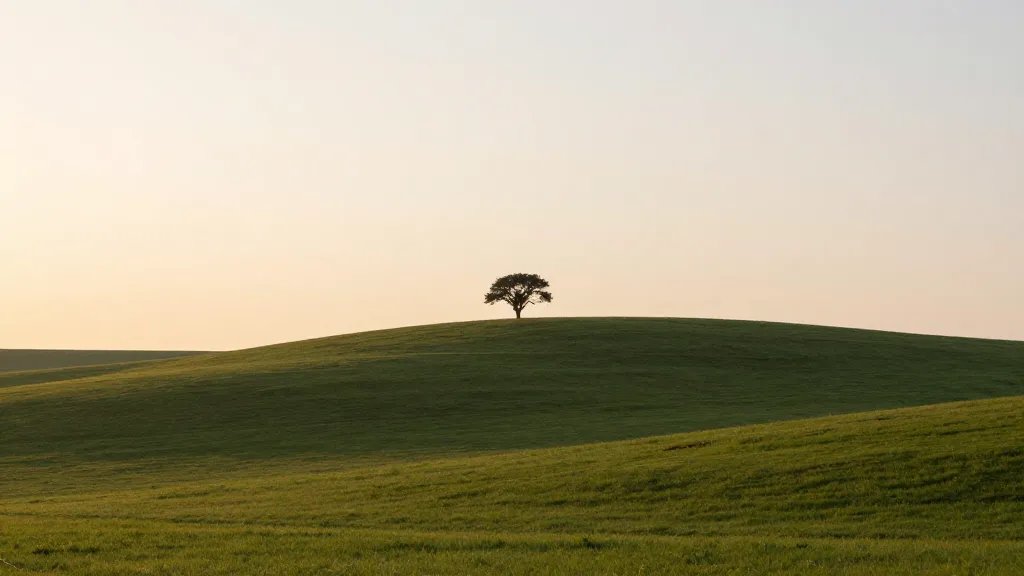Expansive countryside hill with lone tree, soft dawn glow