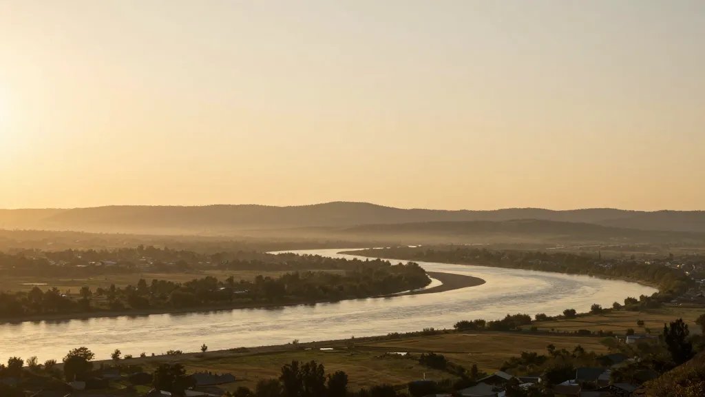 Wide river valley with distant hills, golden hour haze