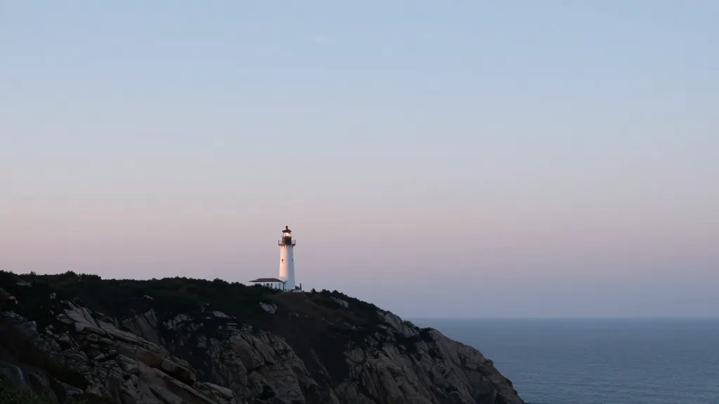 Distant cliff coastline under calm dawn sky, minimalistic, single lighthouse as subject
