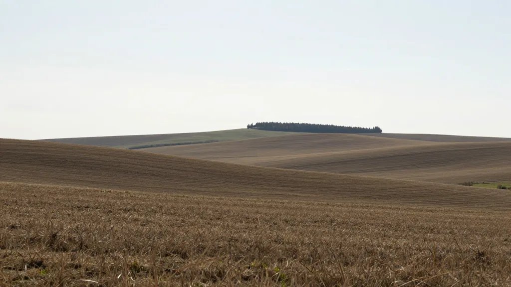 Wide-open countryside with rolling fields and distant distant hill, lone farmhouse silhouette