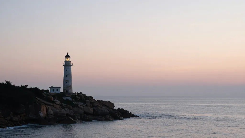 Distant coastal cliff at dawn with calm sea, single weathered lighthouse standing tall