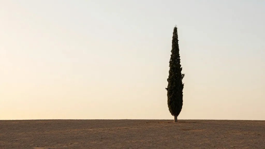 Wide desert plain at golden hour, solitary cypress tree silhouette against pale sky