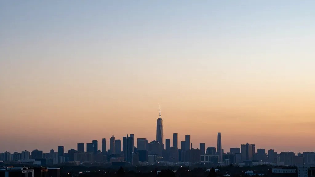 Distant landscape of a pristine city skyline at sunset, emphasis on clear sky and horizon, single subject far away