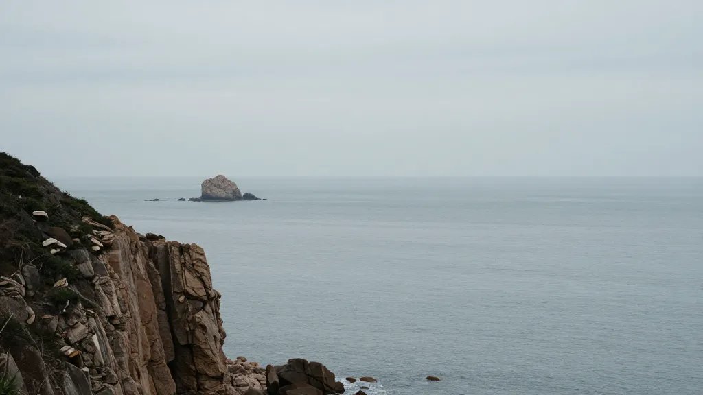 Open expanse of coastal cliffs and horizon over calm ocean, lone rocky outcrop in distance, minimal foreground elements