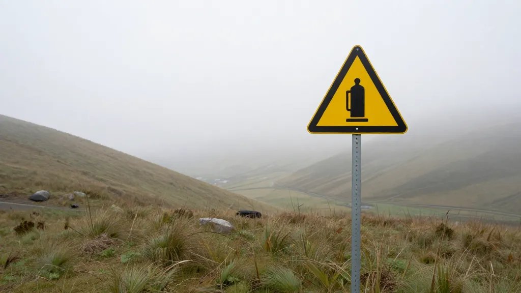 Distant hillside gas safety warning sign amid foggy valley landscape