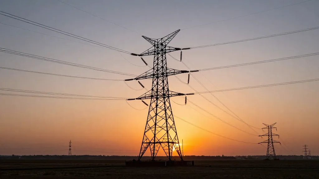 Expansive electrical tower silhouette over open prairie at sunset