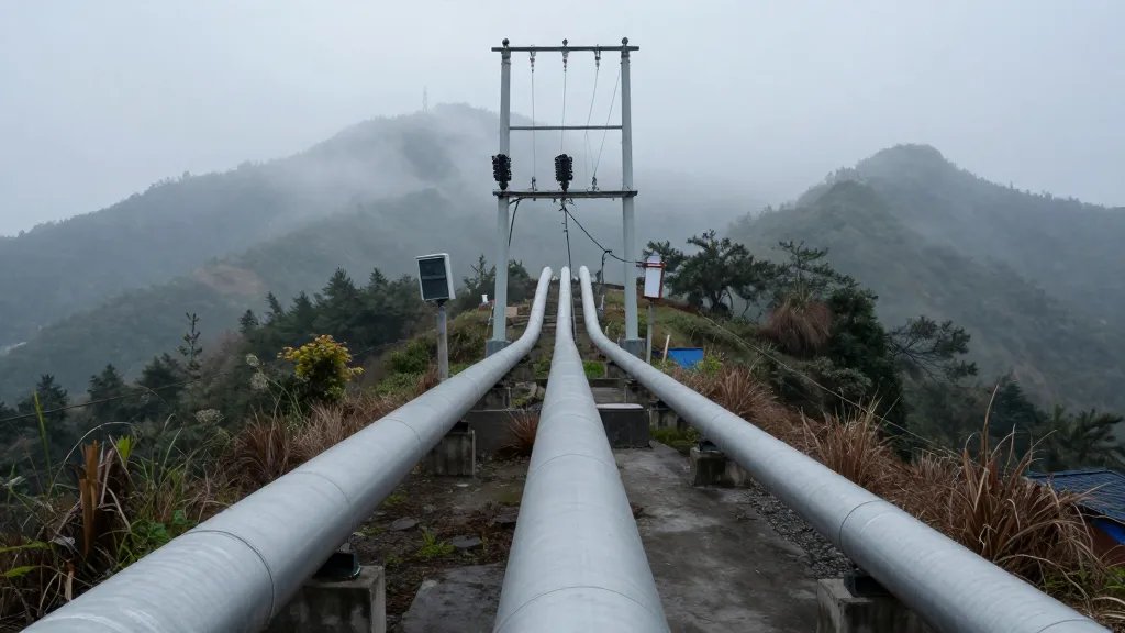 Remote gas utility pipeline corridor stretching into misty mountains