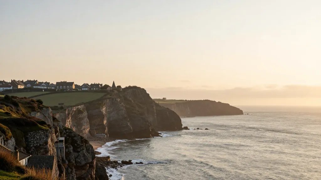 Distant coastline cliffs at dawn, UK housing estate in haze