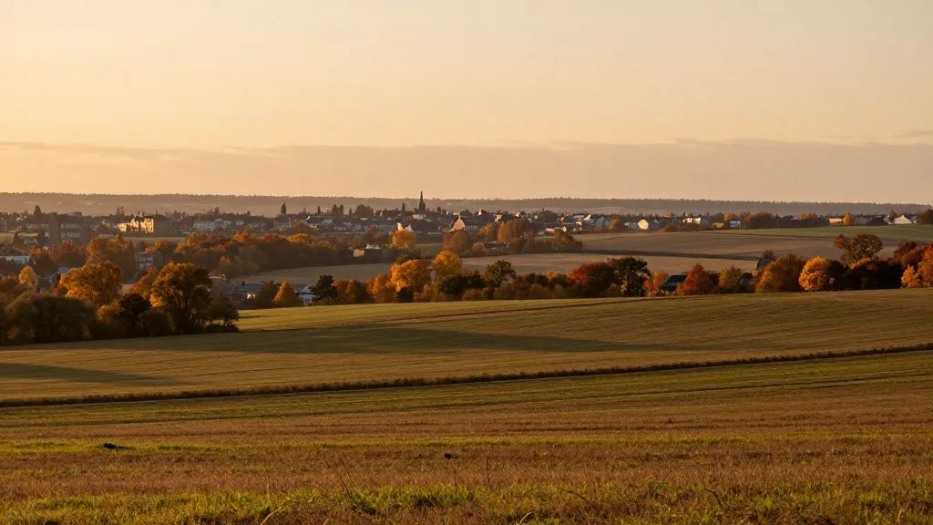 Expansive countryside fields, autumn glow over distant townscape