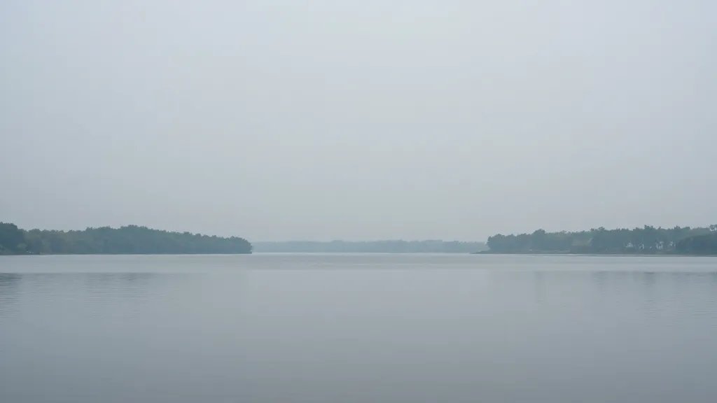 distant landscape of a calm, misty lakefront with distant treeline