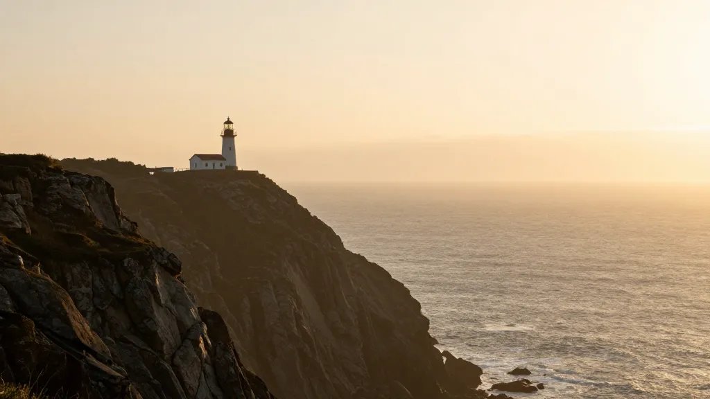 Distant coastal cliff during golden hour, solitary lighthouse in haze