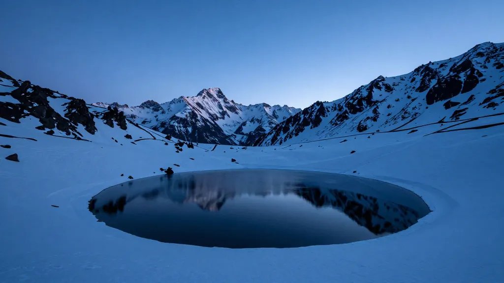 Alpine ridge at blue hour, single snow-fed lake reflecting sky