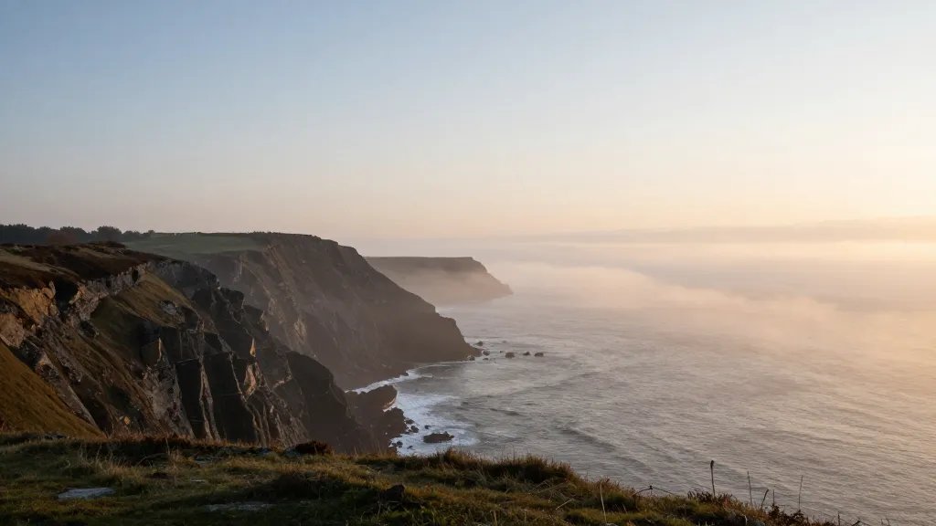 Expansive coastal cliff landscape, mist over horizon, soft sunrise glow