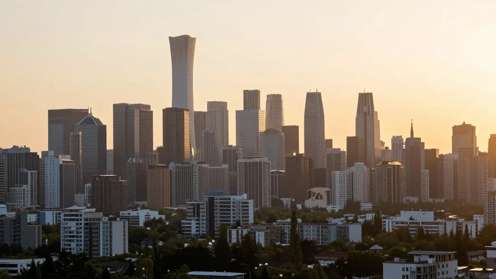Distant landscape of a sunlit city skyline at dawn over a modern apartment district