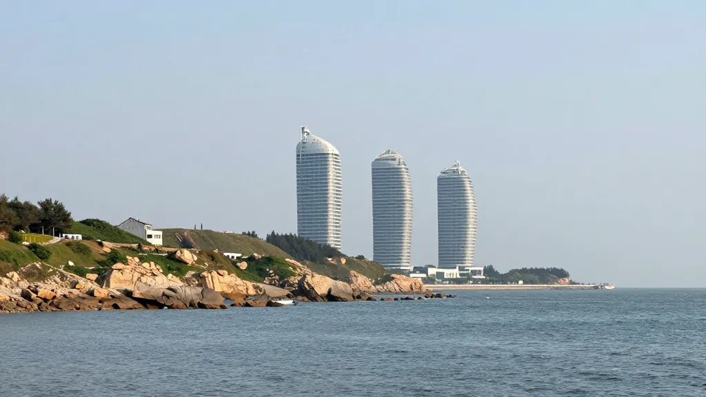 Distant landscape of a rolling coastal bluff with clean, contemporary waterfront towers