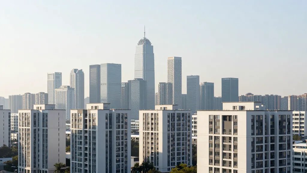 Distant landscape of a sunlit city skyline with clean, minimalist rental-friendly interiors echoing modern design