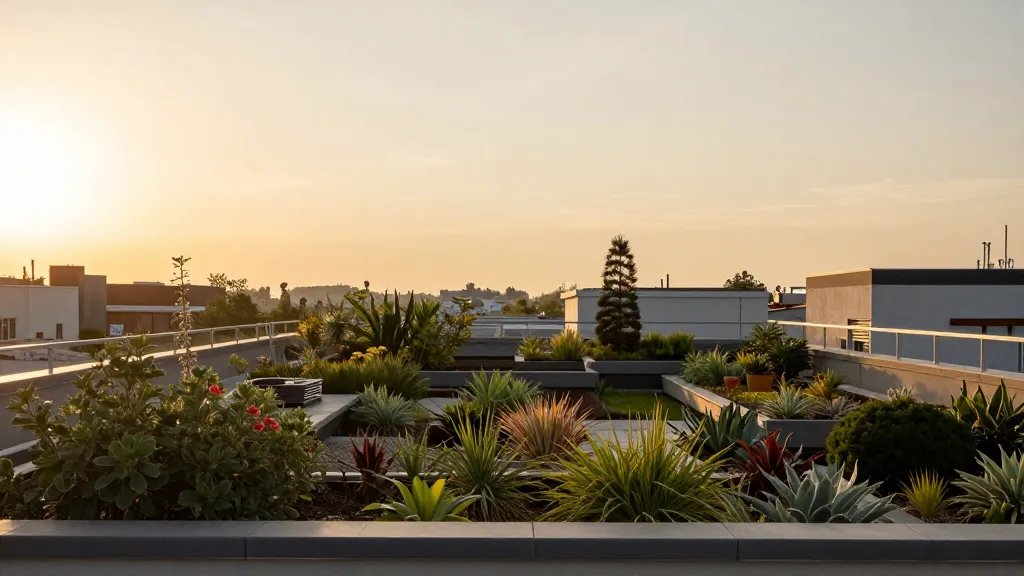 Distant landscape of a serene urban rooftop garden bathed in golden hour light