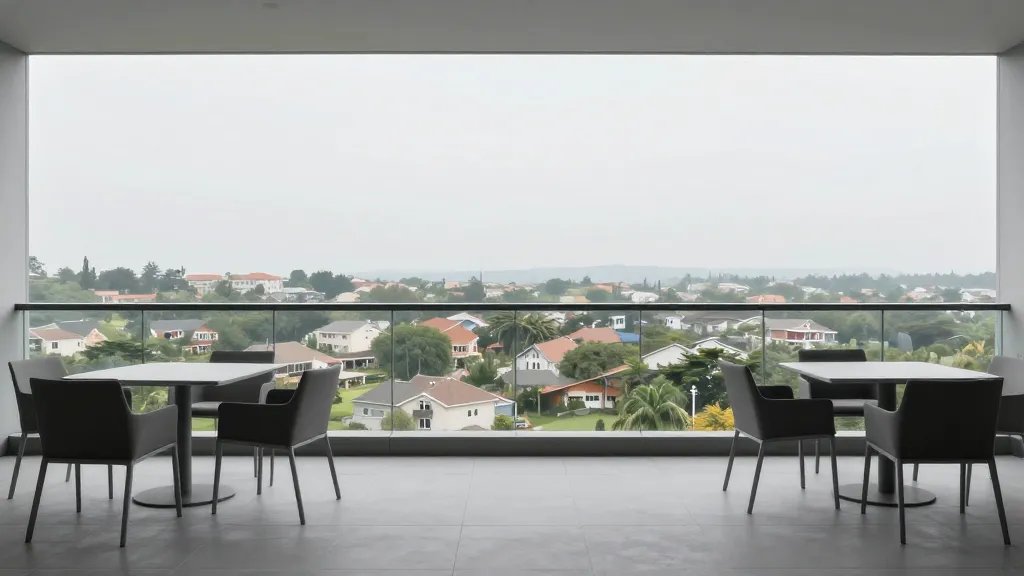 Distant landscape of a spacious balcony overlooking a calm neighborhood with sleek, functional furniture Battery