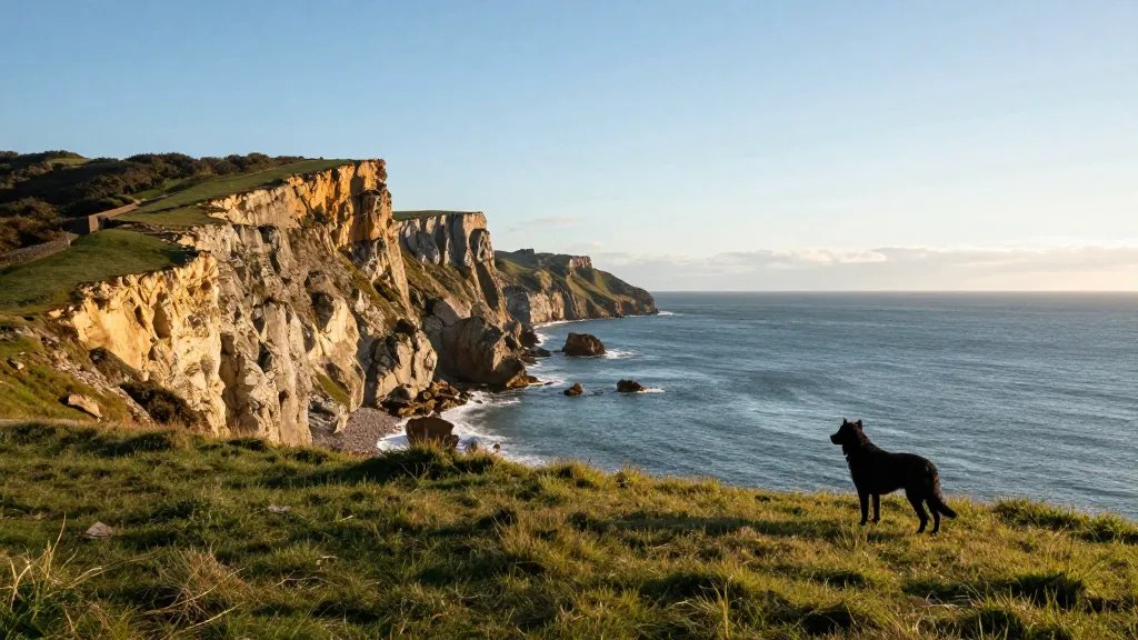 Distant view of a sunlit coastal cliff with a single large dog silhouette on grass