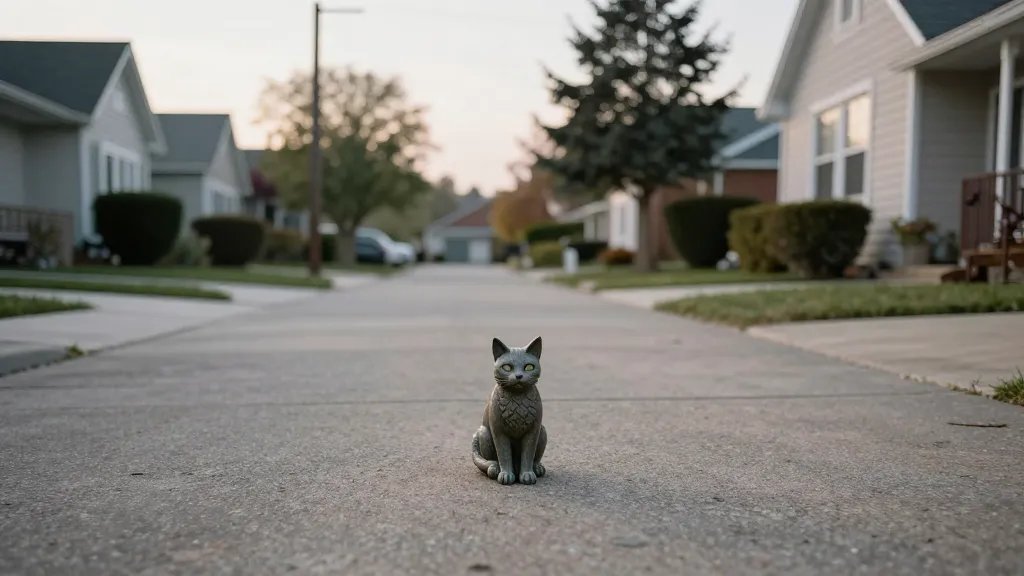Wide-angle shot of a lone cat statue by a quiet suburban courtyard with soft morning light