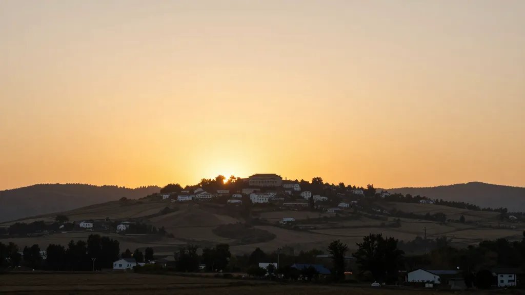 Distant hillside village at sunset with warm light