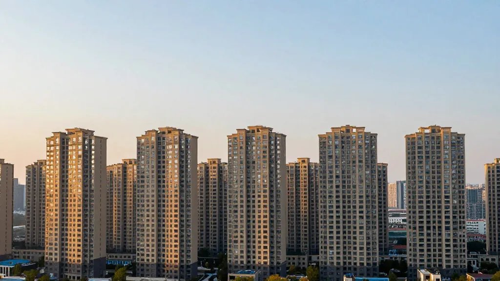 Distant view of a modern rental building skyline at golden hour