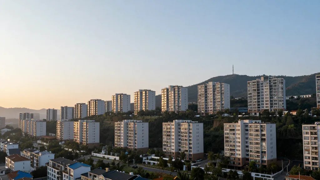 Expansive hillside overlooking a city apartment complex at dawn