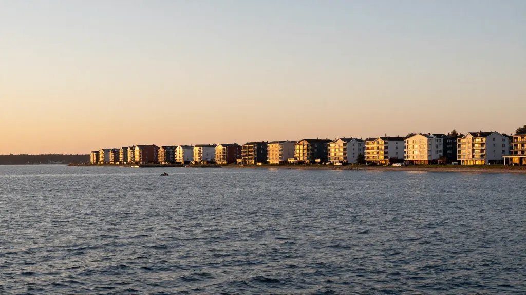 Panoramic harbor shoreline with distant multi-unit housing clusters at sunset