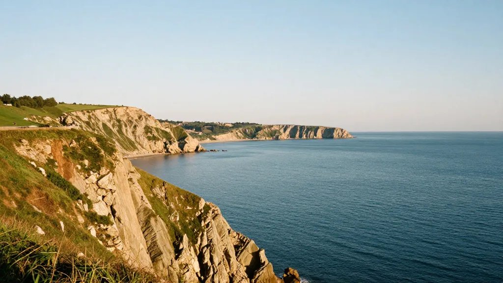 Distant landscape of a sunlit coastal cliff overlooking the harbor