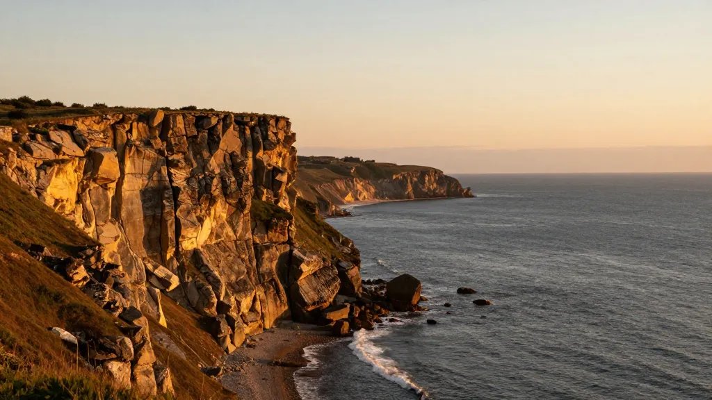 distant landscape of sunlit coastal cliff at golden hour