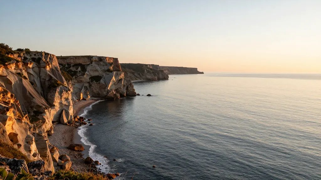 Expansive coastal cliffs with calm sea under sunrise