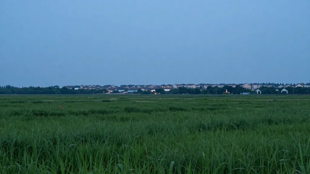 Expansive greenfield outskirts with distant housing units under blue hour light