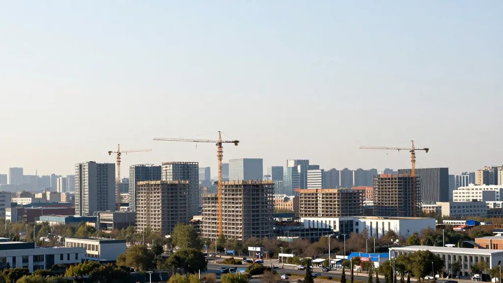Wide-open urban redevelopment landscape with distant cranes and skyline