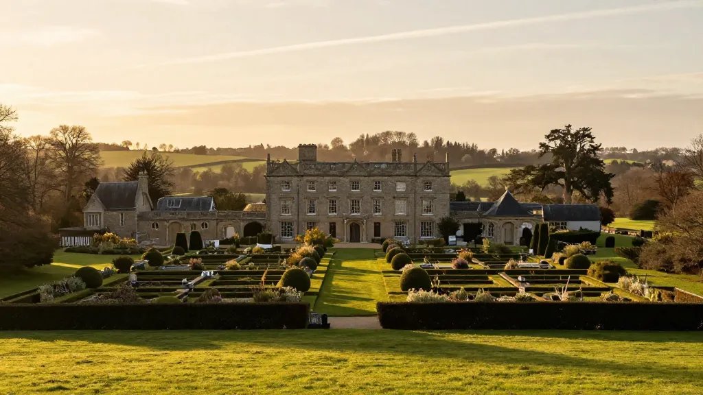 Distant landscape of a sunlit countryside manor with orderly HMO-style gardens at golden hour