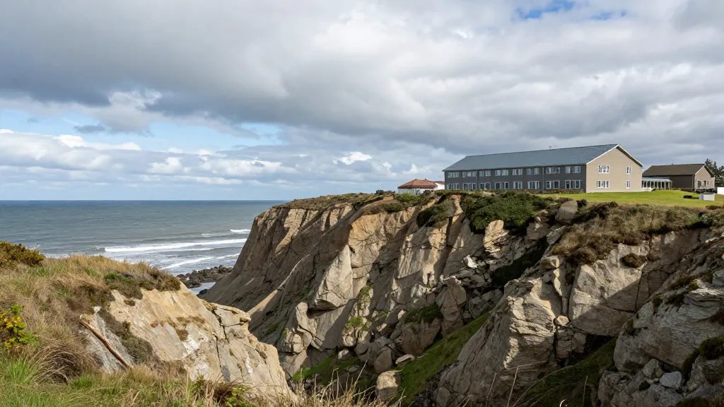 Expansive coastal cliff view overlooking a multi-tenant property under a dramatic sky
