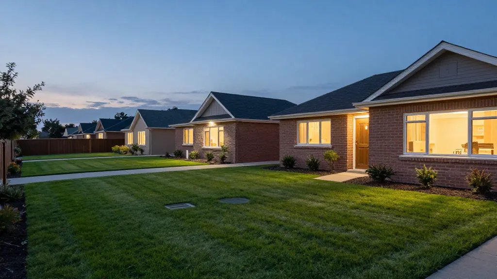 Wide-angle view of a quiet suburban property row, distant focus on a well-lit, neatly kept yard at dusk