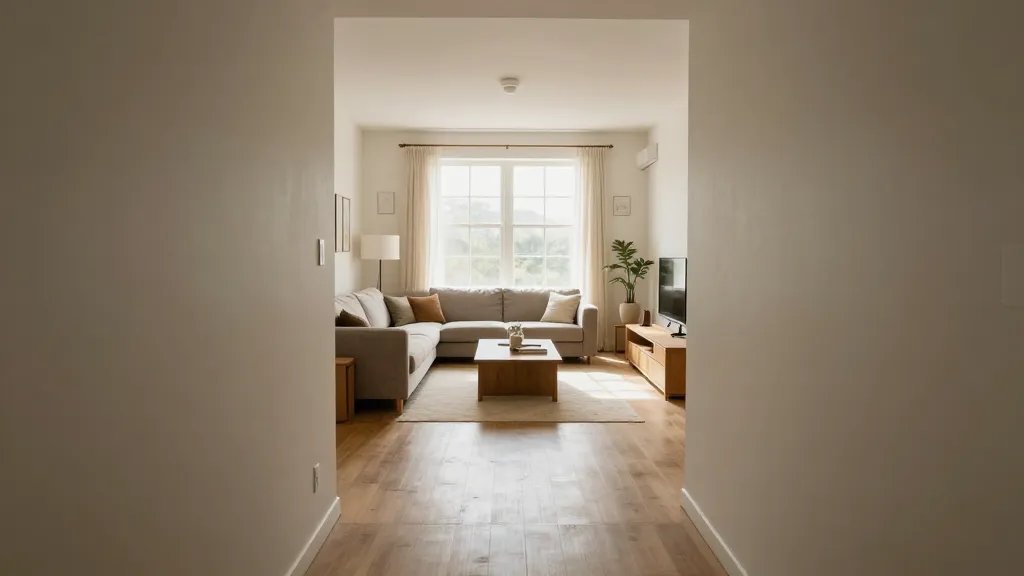Distant view of a spacious living room layout from hallway perspective, morning light