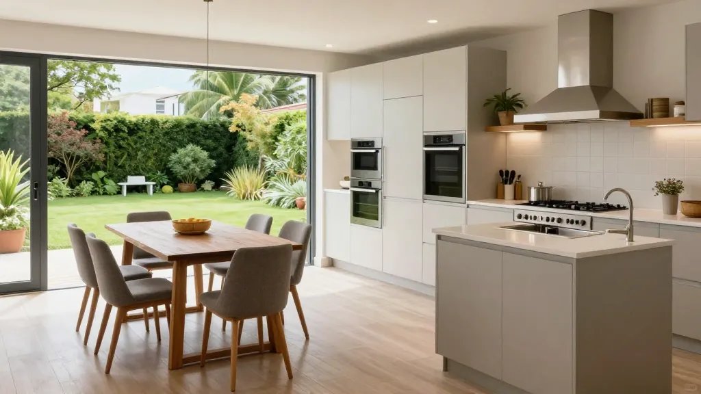 Wide shot of a connected dining-kitchen flow, exterior garden in background