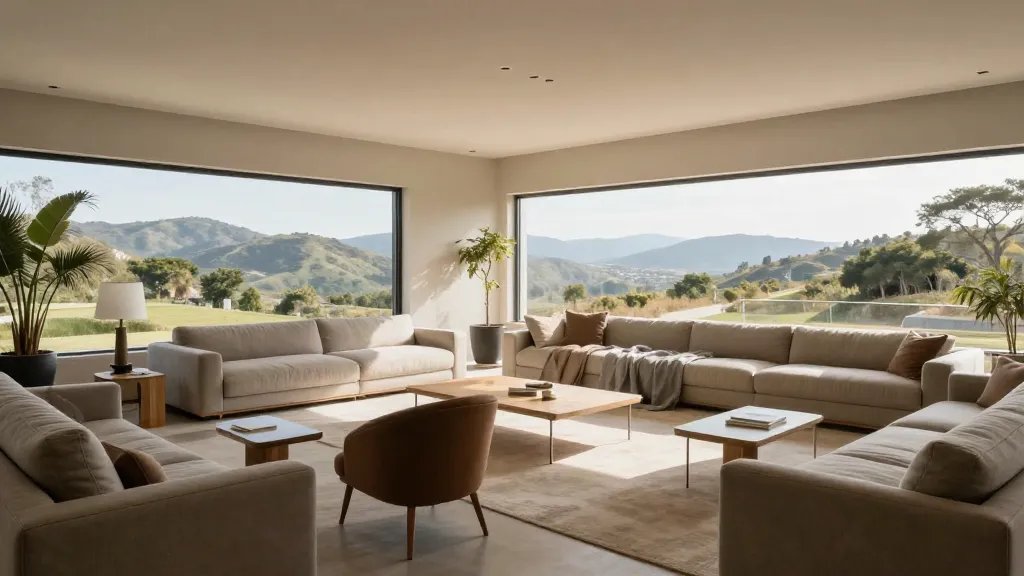 Expansive lounge with natural light hitting a purposeful open-plan flow, distant hills backdrop